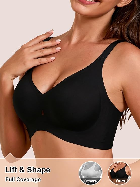 Seamless plunge wireless bra in black with full-coverage cups