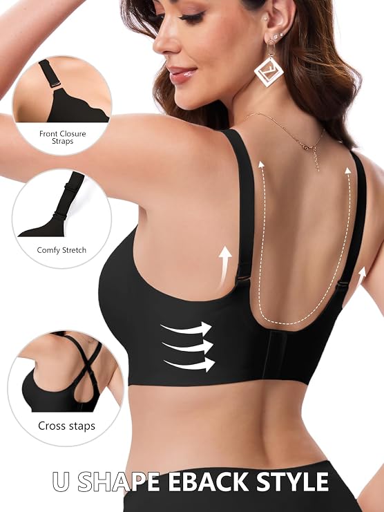 Black seamless push-up bra with scalloped edges and cross-back straps