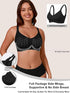 Black full-coverage t-shirt bra with adjustable straps and wide cups, side wings