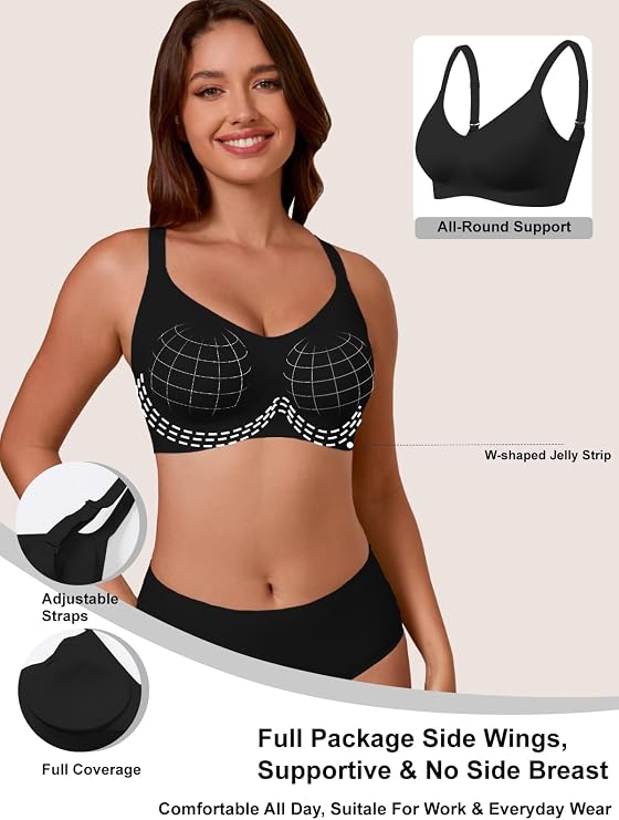 Black full-coverage t-shirt bra with adjustable straps and wide cups, side wings