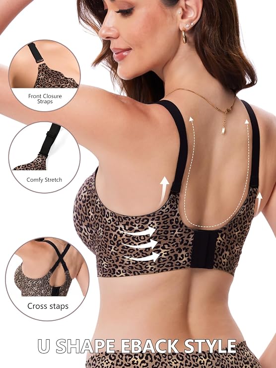 Seamless leopard print push-up bra with scalloped edges, cross-back straps, black