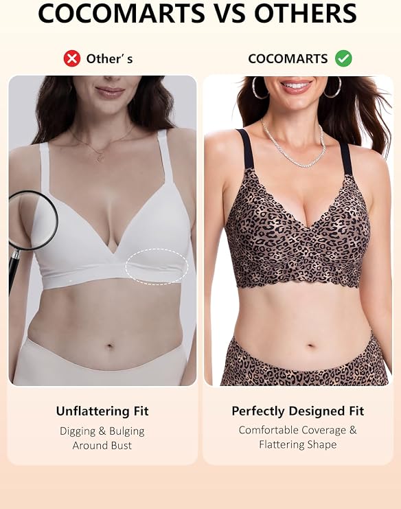 Leopard print seamless push-up bra on model, V-neck cups, adjustable cross-back straps