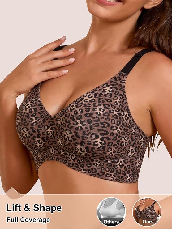 Black and brown leopard print seamless plunge bra, wireless full-coverage cups