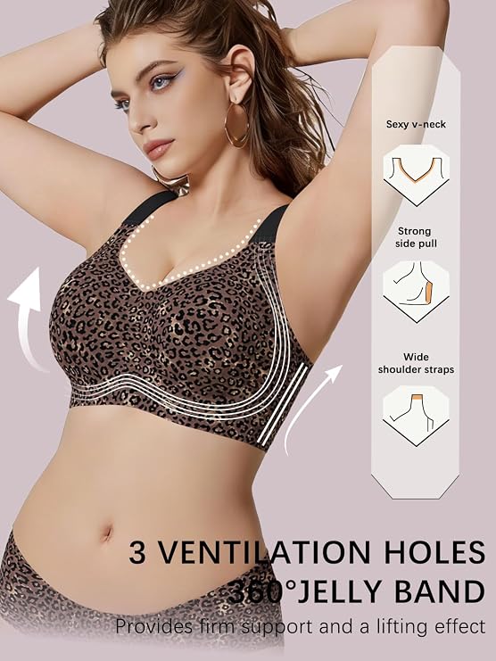 Leopard-print bralette with wide shoulder straps, V-neck front, and smooth fit