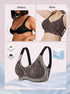 Leopard-print bralette with black trim, wide straps, and contoured seams
