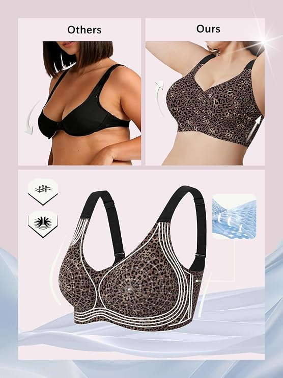 Leopard-print bralette with black trim, wide straps, and contoured seams