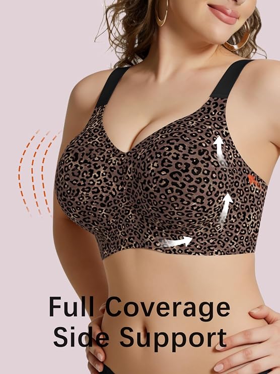 Leopard-print full-coverage bralette with V-neck and side support panels