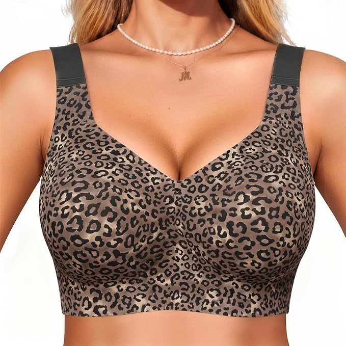 Leopard-print full-coverage bralette with wide V-neck and smooth seamless cups