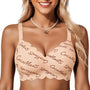 Beige seamless push-up bra with scalloped edges and all-over script print.