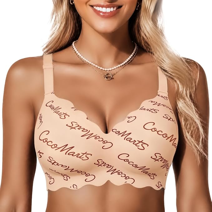 Beige seamless push-up bra with scalloped edges and all-over script print.