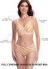 Beige scalloped wireless bra with adjustable straps and all-over script print.