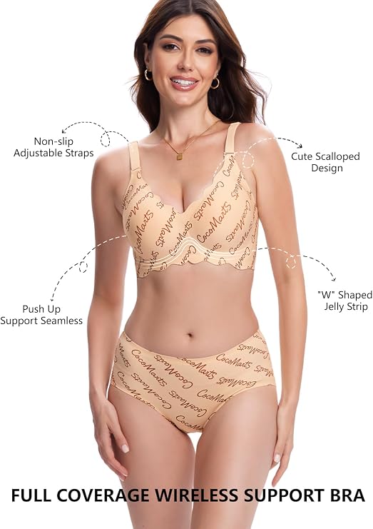 Beige scalloped wireless bra with adjustable straps and all-over script print.
