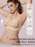 Beige script bralette with deep V design and wide scalloped straps, front view