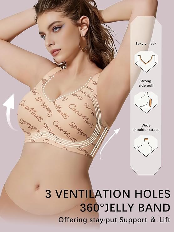 Beige script bralette with deep V design and wide scalloped straps, front view