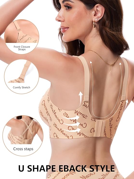 Beige wireless bra with U-back cross straps and all-over script print.
