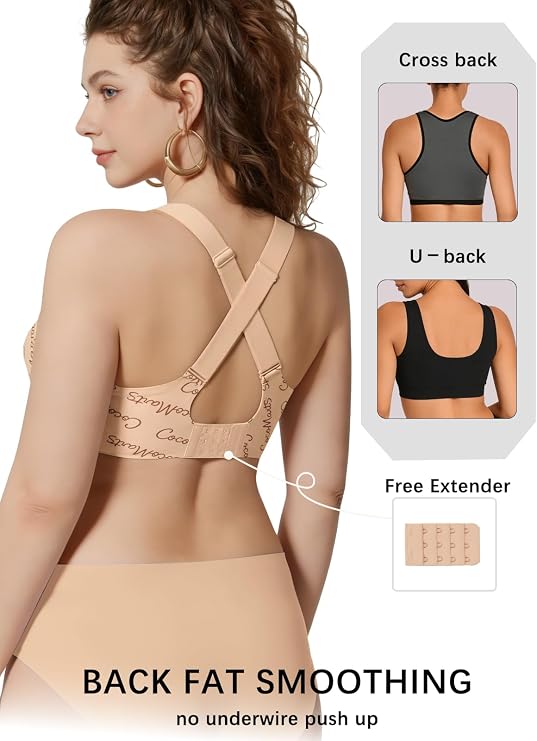 Beige full-coverage bralette with crisscross back straps, back view