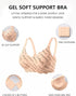 Beige wireless support bra with 3D cup shaping and all-over script print.