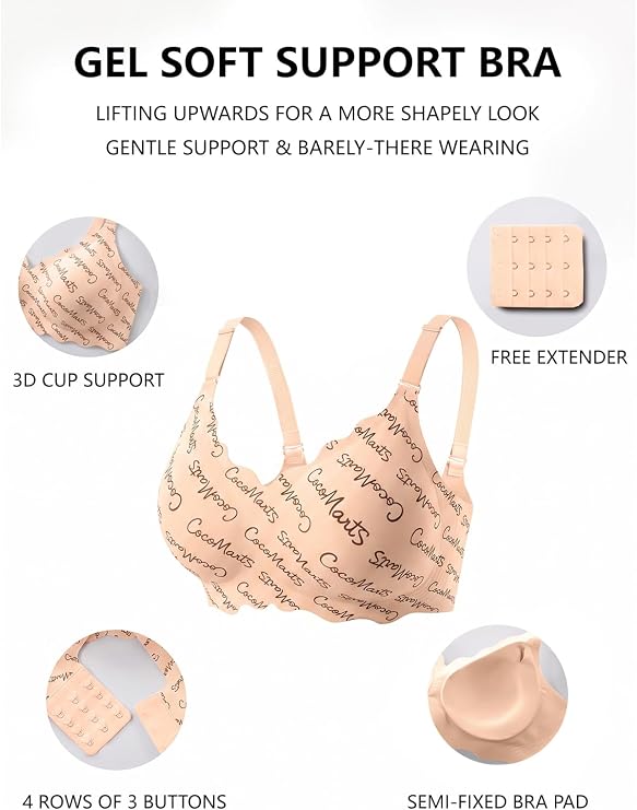 Beige wireless support bra with 3D cup shaping and all-over script print.