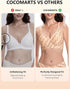 Side-by-side: beige script wireless bra and white seamless bra on models.
