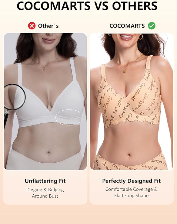 Side-by-side: beige script wireless bra and white seamless bra on models.