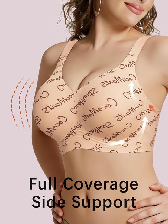 Full coverage beige bralette with allover script, wide side support, front view
