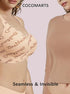 Seamless full-coverage bralette, beige with allover script, side view with wide straps