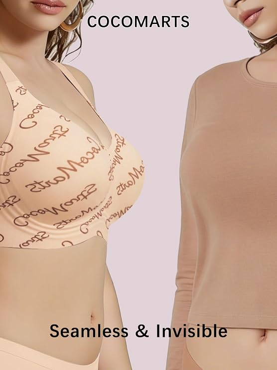 Seamless full-coverage bralette, beige with allover script, side view with wide straps