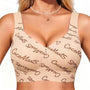 Full coverage bralette in beige with allover script, deep V neckline, wide set straps
