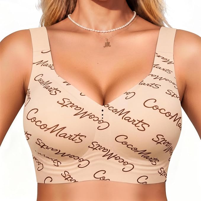 Full coverage bralette in beige with allover script, deep V neckline, wide set straps