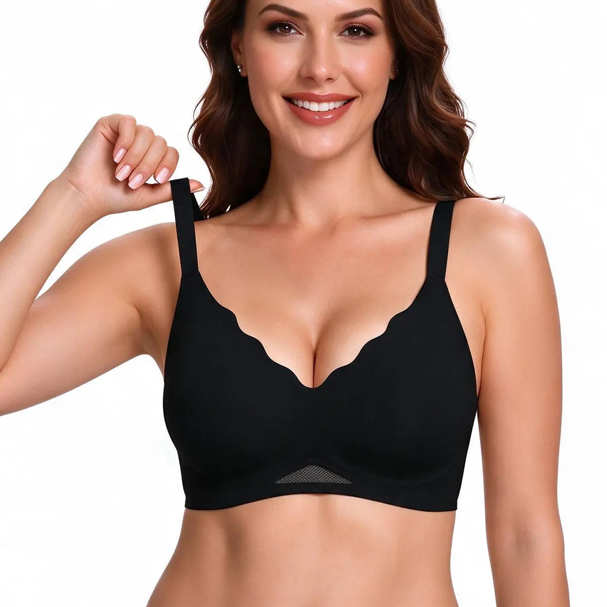 Black seamless wireless bra with scalloped neckline and wide adjustable straps