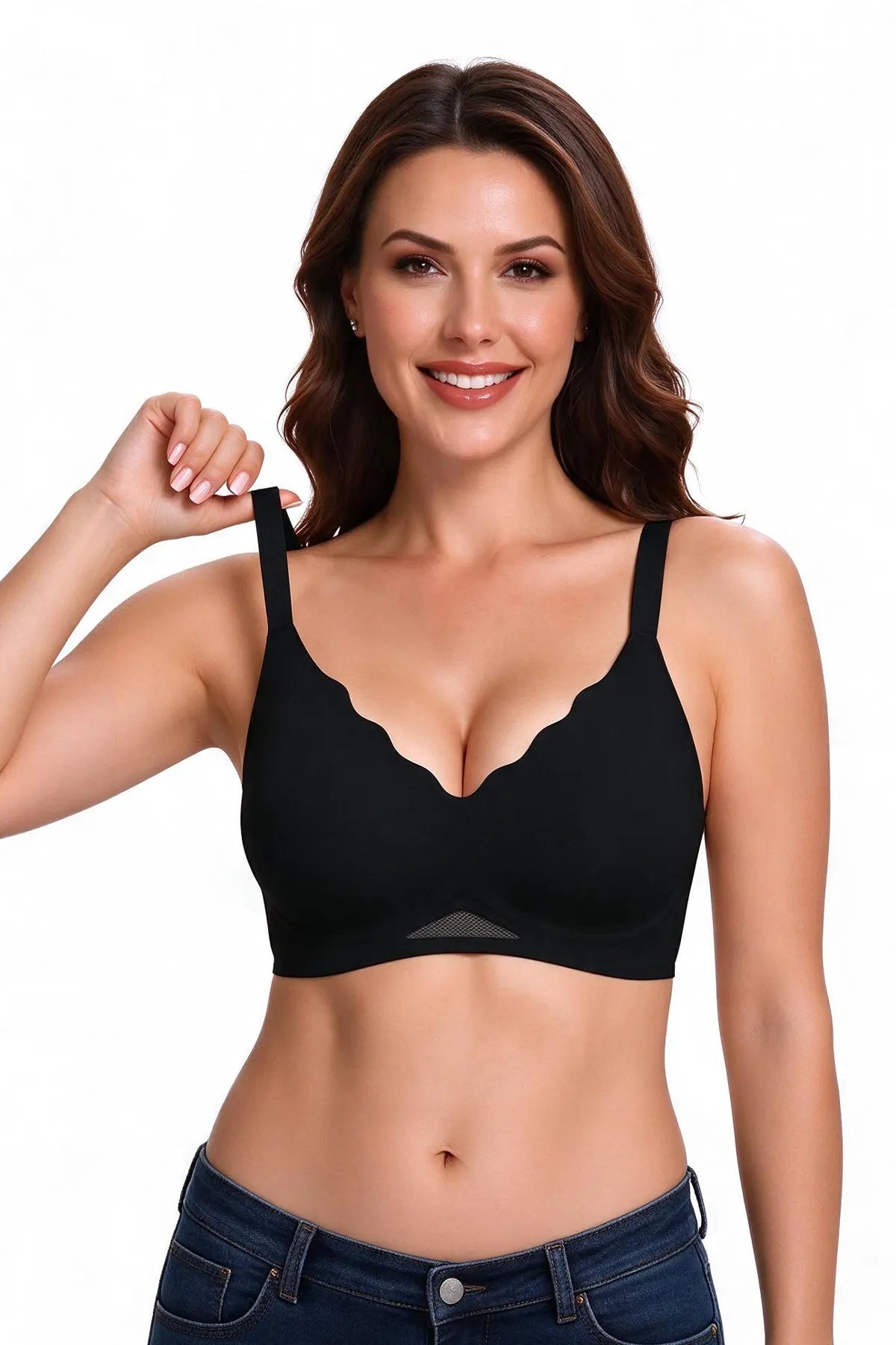 Black seamless wireless bra with scalloped neckline and wide adjustable straps