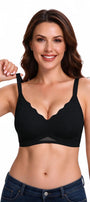 Black seamless wireless bra with scalloped neckline and wide adjustable straps