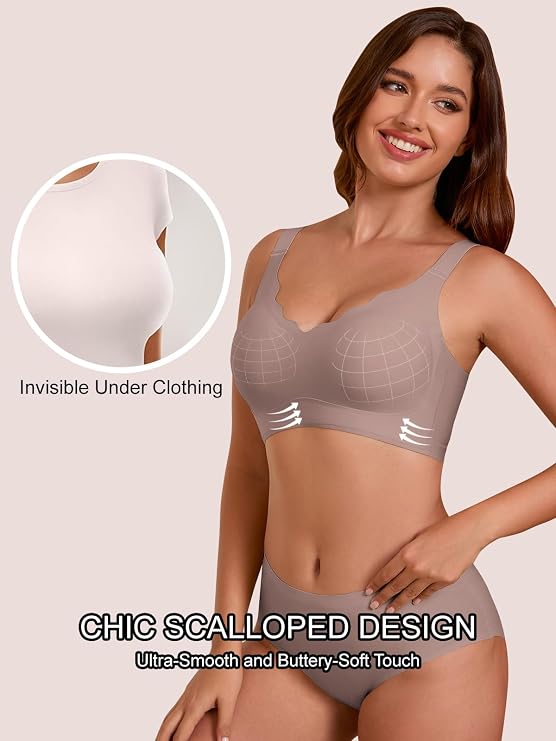 Coffee seamless push-up T-shirt bra with scalloped edges, no underwire