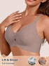 Close-up of seamless wireless plunge bra with wide straps and smooth full-coverage cups