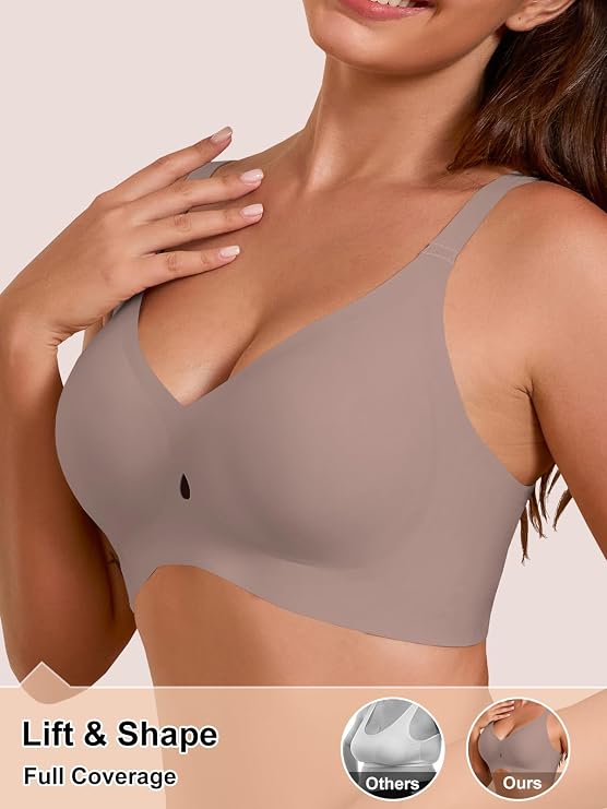 Close-up of seamless wireless plunge bra with wide straps and smooth full-coverage cups