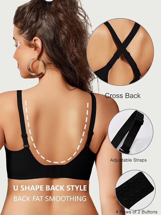Black wireless bra back with cross-back straps and adjustable fit