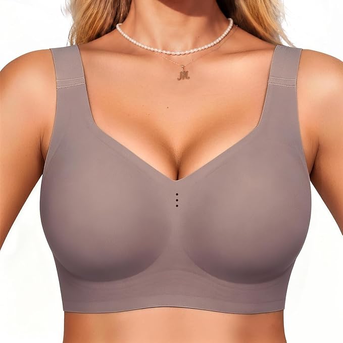 Grey full-coverage t-shirt bralette, no underwire, smooth molded cups