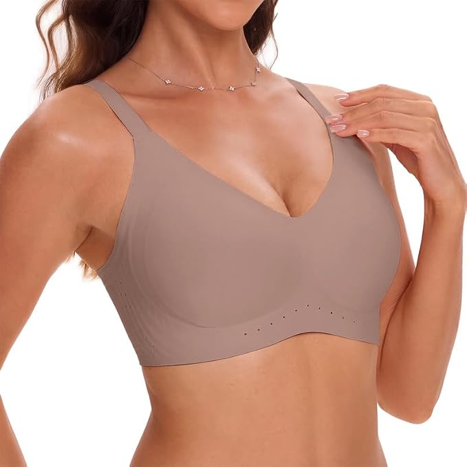 Grey seamless no-underwire T-shirt bralette, V-neck, wide straps, full coverage