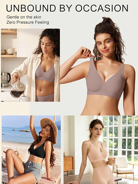 Jelly Bra grey deep V wireless t-shirt bra, worn look with supportive fit and adjustable straps
