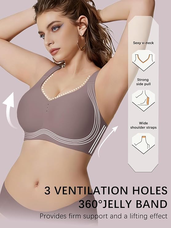 Grey full-coverage bralette with wide cushioned straps and V-neckline