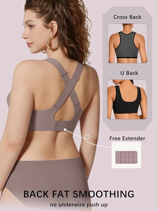Grey cross-back bralette with U-shaped back and smoothing coverage