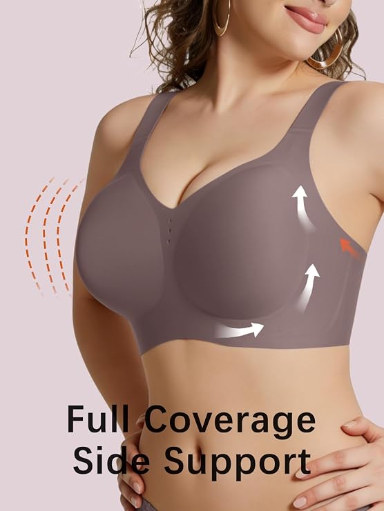 Grey no-underwire bralette with full-coverage side support and smooth cups