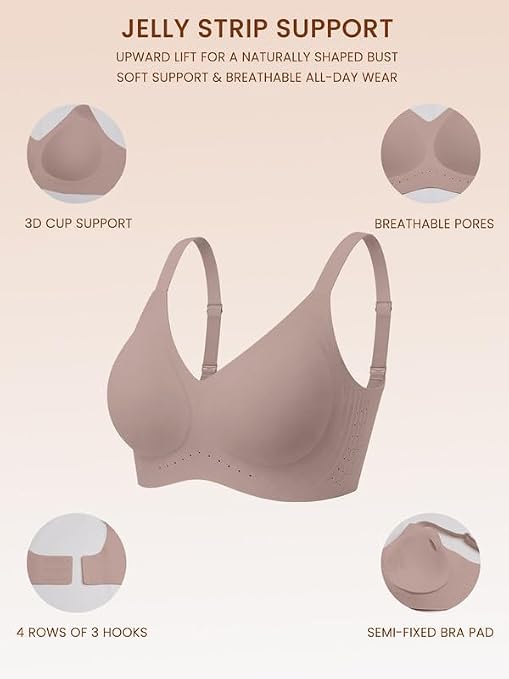 Grey seamless no-underwire bralette with 3-cup support and breathable pores