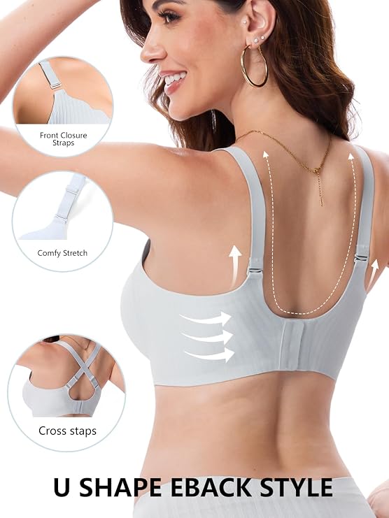 Haze blue seamless push-up bra with U-back and scalloped edges, no underwire.