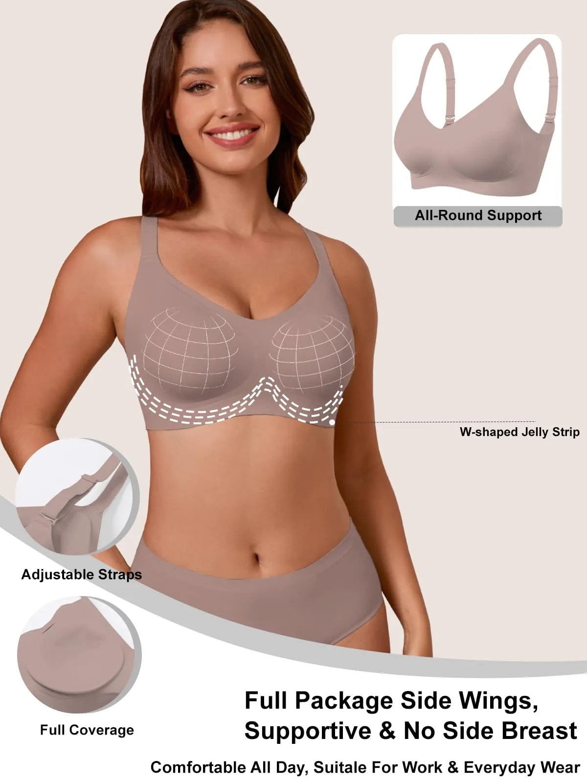 Coffee-brown full-coverage bra with jelly strip design and supportive side wings