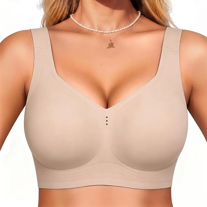 Nude seamless full-coverage bralette with wide, scoop neckline straps, no underwire.