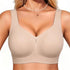 Nude seamless full-coverage bralette with wide, scoop neckline straps, no underwire.
