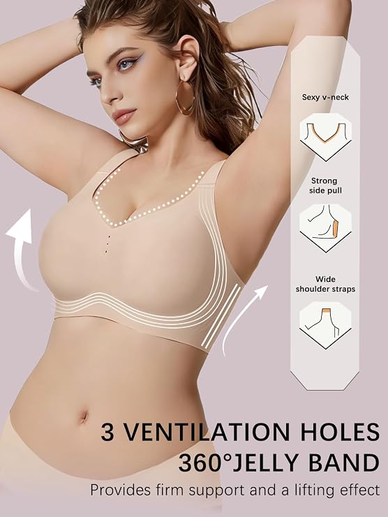 Nude V-neck bralette with wide adjustable shoulder straps and dotted decorative trim.