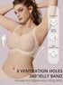 Nude V-neck bralette with wide adjustable shoulder straps and dotted decorative trim.