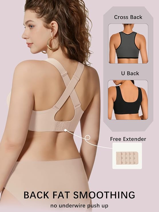Nude cross-back full-coverage bralette with back smoothing U-shaped neckline.
